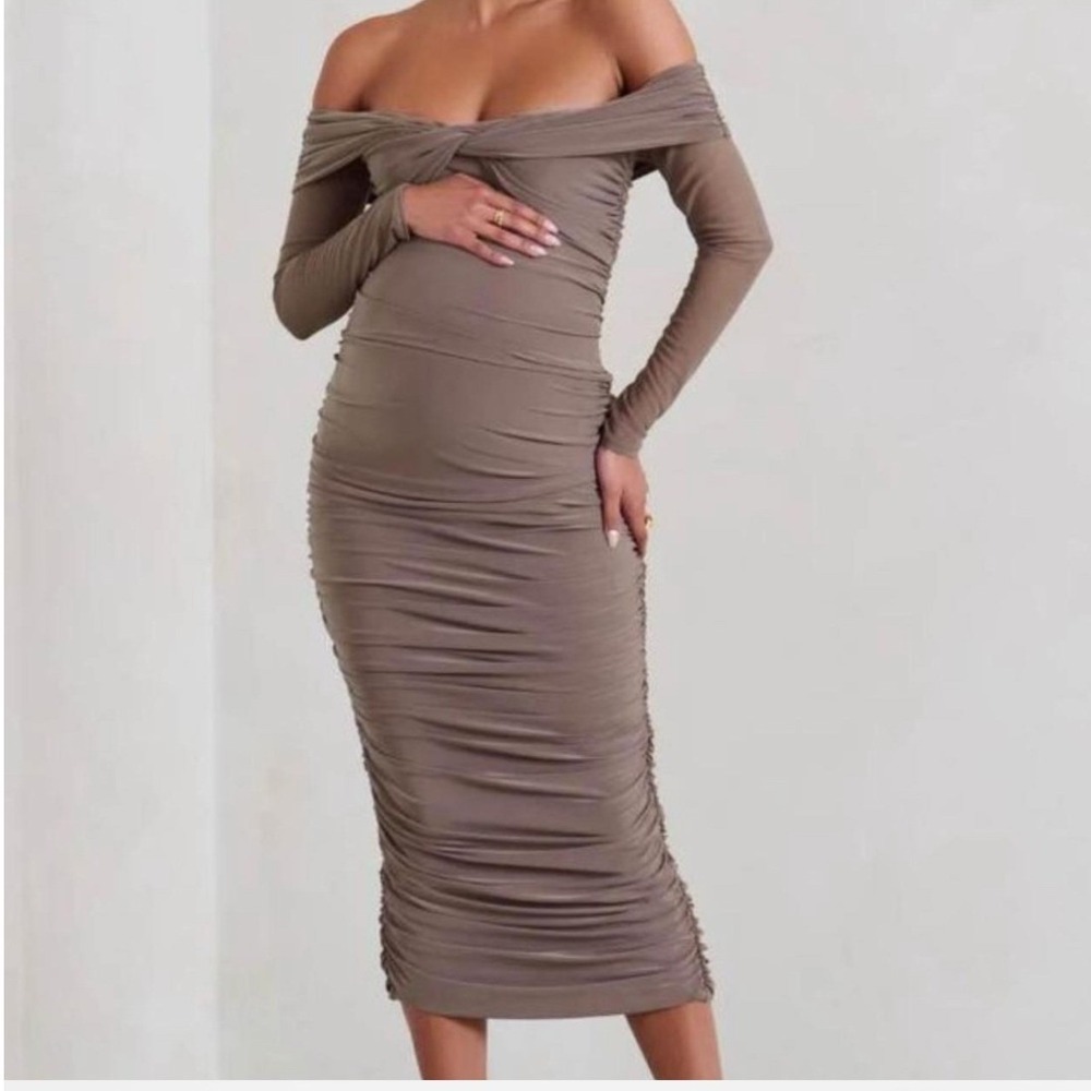 Club L London Maternity Dress Ruched Off Shoulder 6 Taupe Long Sleeve Bodycon